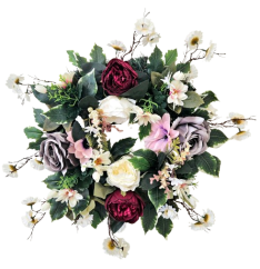Veniec umelé ruže, pivonky, margaréty, clematis a doplnky 50cm