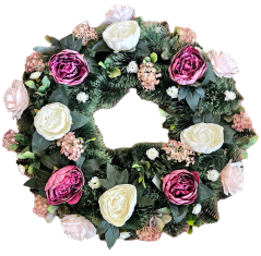 Coroană funerara de pin Exclusiv bujori, trandafiri, hortensii, flori mici si accesorii 65cm