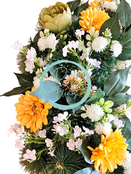 Temetési fenyőkoszorú Exkluzív Bazsarózsa és Gerberák, Sedum és Kiegészítők Ø 90cm