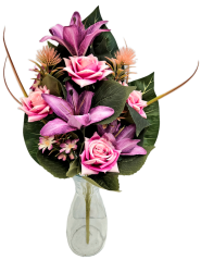 Luxusná kytica ležatá Ruže, Ľalie, Bodliak 56cm umelá fialová, ružová