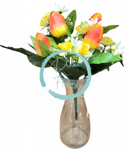 Tulipány a narcisy kytice umělá x12 33cm oranžová, žlutá
