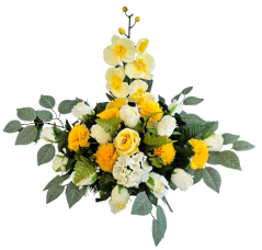 Díszített betontál fenyőből szegfű, rózsák, hortenziák, orchidea és kiegészítők 70cm x 50cm x 45cm