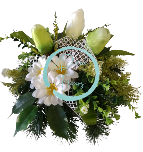 Smútočný aranžmán betonka umelé tulipány, margarétky & doplnky Ø 25cm x 30cm