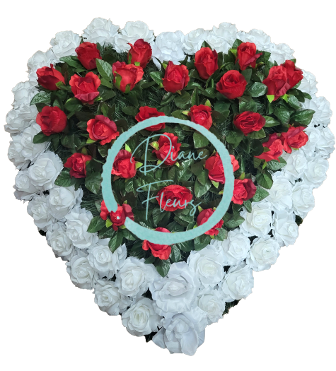 Wianek żałobny "Serce" wykonany ze sztucznych róż 80cm x 80cm kolor biały, czerwony