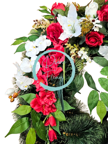Luxusný smútočný veniec borovicový exclusive ruže, gladioly, ľalie a doplnky 90cm