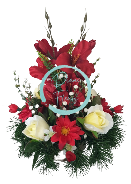 Траурна аранжировка от бетон, ексклузивна изкуствена роза, гладиолус и аксесоари 27см x 32см AS417