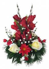 Žalobni aranžman umjetne ruže, gladiole i dodaci Ø 27cm x 32cm