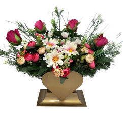 Wunderschönes Trauergesteck Herz aus künstliche Gänseblümchen, Rosen, Kamelien und Zubehör 65cm x 28cm x 35cm
