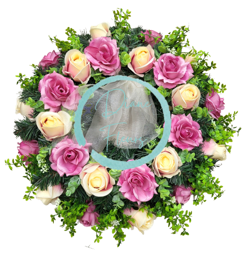 Smútočný veniec "kruh" umelé ruže a doplnky Ø 55cm