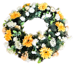 Coroană funerara de pin Exclusiv gerbere, hortensii, flori mici si accesorii 65cm