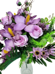 Luxuriöser künstlicher Strauß aus Rosen, Orchideen, Gänseblümchen und Zubehör 50cm Lila