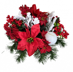 Sympathy arrangement made of artificial Poinsettia, Berries, Christmas balls and Accessories 28cm x 20cm