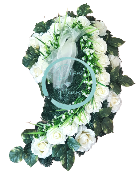 Pogrebni vijenac "Suza" od umjetnih ruža i dodaci 85cm x 50cm kremasta, zelena