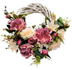 Coroană răchită cu Bujori artificiali, Trandafiri, Ranunculus, Crini și accesorii Ø 35cm