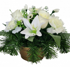 Trauergesteck aus künstliche Nelken, Rosen, Orchideen, Lilien und Zubehör Ø 30cm x 20cm