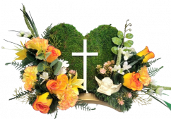 Žalobni aranžman umjetne ruže, karanfili, anđeo, vijenac od mahovine i dodaci 46cm x 20cm x 28cm-KOPIE