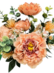 Umělá kytice Pivoňky, Eukalyptus, Bodlák a doplňky 46cm broskvová
