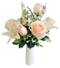 Umetni šopek vrtnic in lilij x12 48cm losos umetno