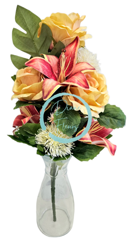 Exclusive artificial bouquet Roses, Lilies, Thistle and accessories x12 54cm x 30cm Yellow, Burgundy