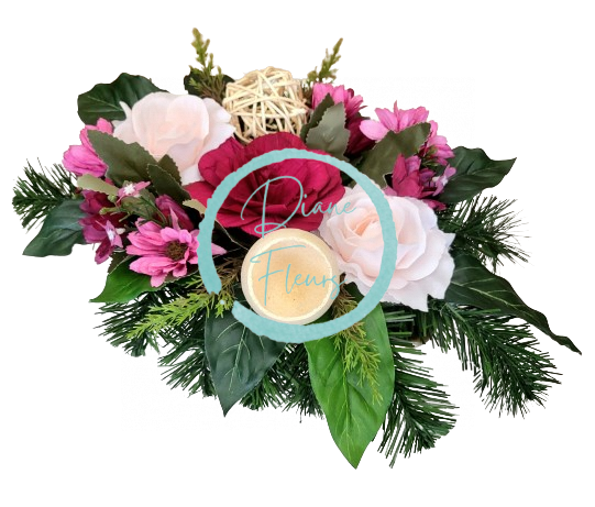 Sympathy arrangement made of artificial Roses, Marguerites and Accessories 45cm x 28cm x 15cm