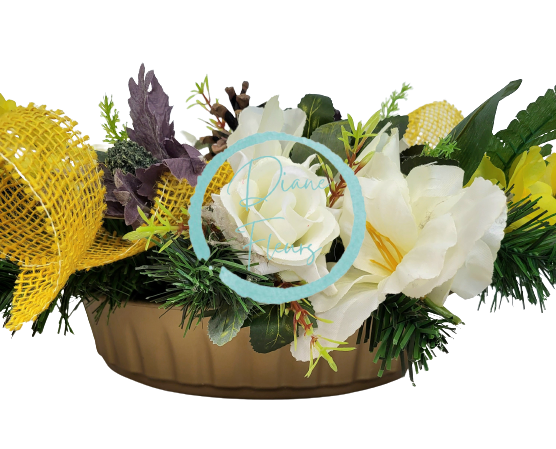 Sympathy arrangement made of artificial Orchids, Lilies, Roses and Accessories 65cm x 28cm x 16cm