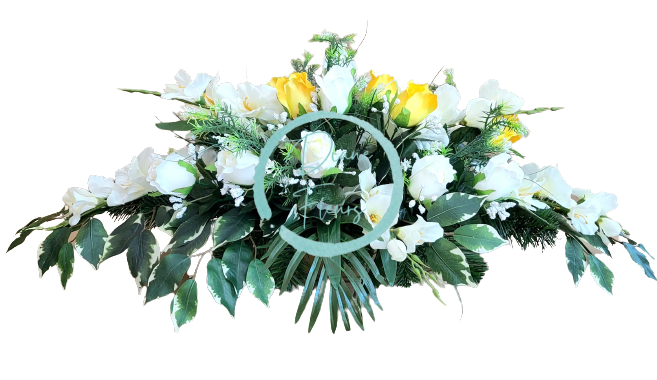 Frumos aranjament de doliu exclusive de trandafiri artificiali, gladiole si accesorii 85cm x 45cm x 30cm