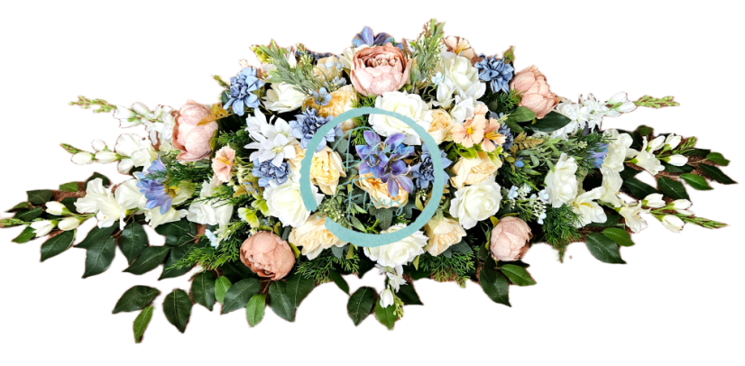 Großes Trauergesteck Exclusive aus künstliche Pfingstrosen, Rosen, Delphinium und Accessoires 135cm x 50cm x 35cm AS1017-BPC