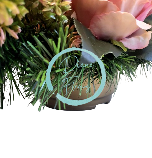 Composizione funebre in cemento con peonie artificiali, sedum e accessori 33 cm x 22 cm x 17 cm AS754