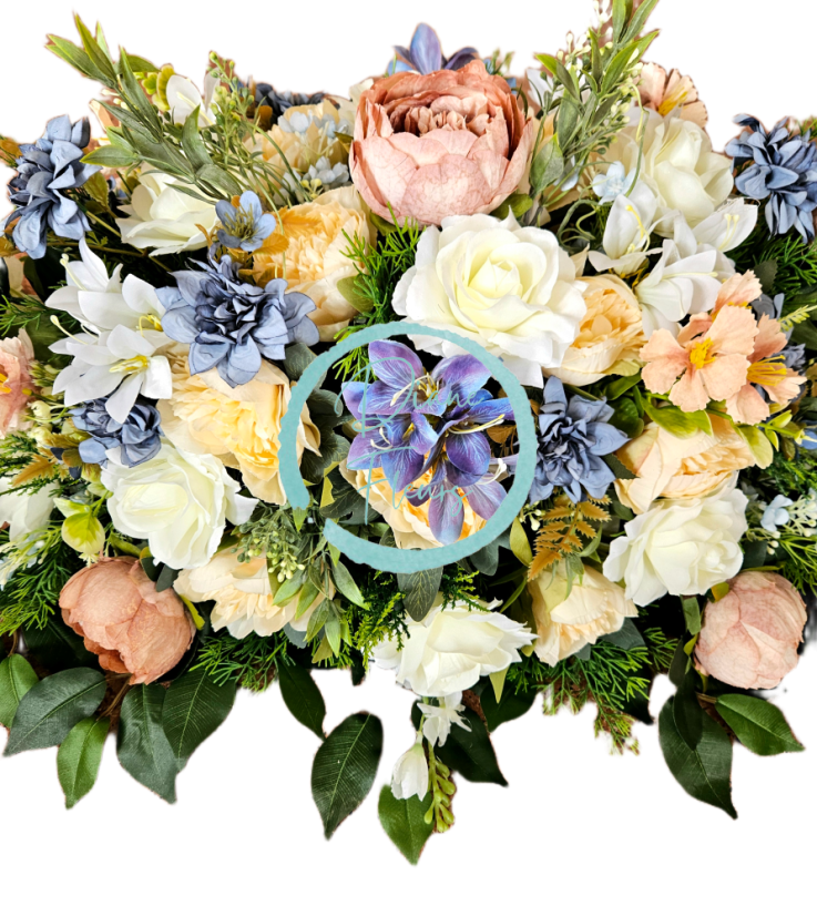 Großes Trauergesteck Exclusive aus künstliche Pfingstrosen, Rosen, Delphinium und Accessoires 135cm x 50cm x 35cm AS1017-BPC