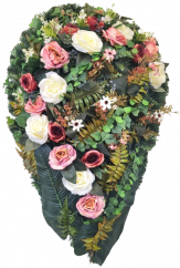 Smútočný veniec "Slza" umelé ruže, margarétky, papraď a doplnky 100cm x 60cm
