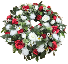 Temetési fenyőkoszorú Exkluzív rózsák, krizantém, százszorszépek, clematis és kiegészítők 80cm