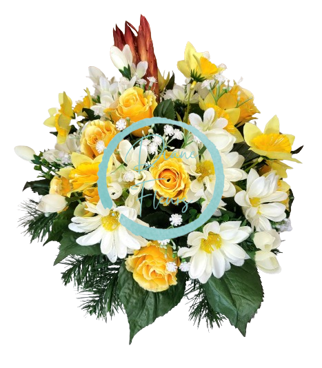 Trauergesteck aus künstliche Rosen, Gänseblümchen und Zubehör 30cm x 25cm