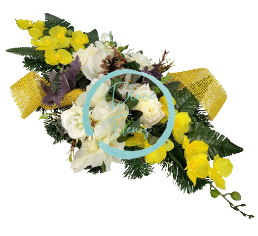 Sympathy arrangement made of artificial Orchids, Lilies, Roses and Accessories 65cm x 28cm x 16cm