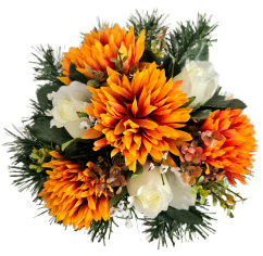 Trauergesteck aus künstlichen Chrysanthemen, Rosen und Accessoires 28cm x 18cm AS1089