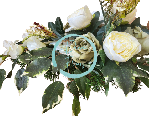 Composizione di peonie in cemento Peonie e accessori 100 cm x 35 cm x 35 cm verde e bianco AS216