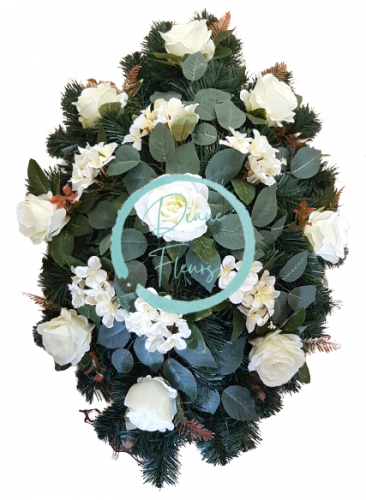 Coroana „oval” din trandafiri si hortensii artificiali 75cm x 40cm crem, verde