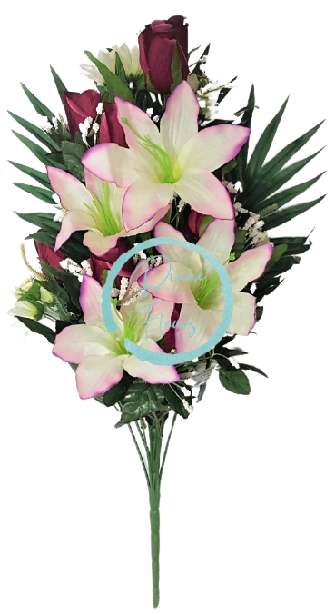 Buket ruža i ljiljana x18 bordo, ljubičasta i krema 62cm umjetna
