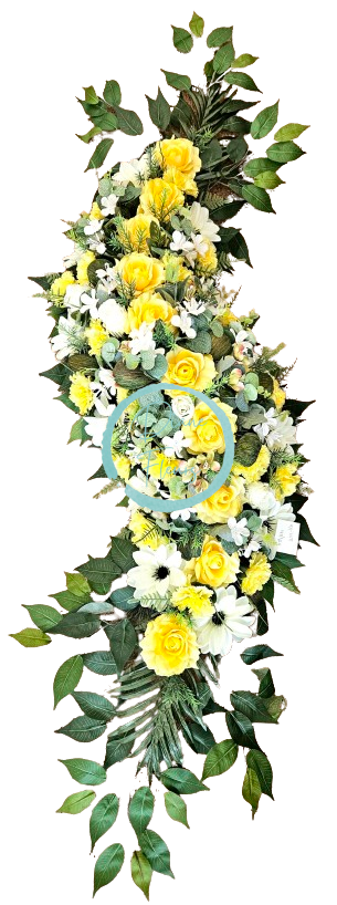 Smútočný veniec esíčko umelé ruže, karafiáty, clematis a doplnky 150cm x 50cm