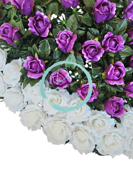 Smútočný veniec "Srdce" z umelých ruží 80cm x 80cm fialová, biela